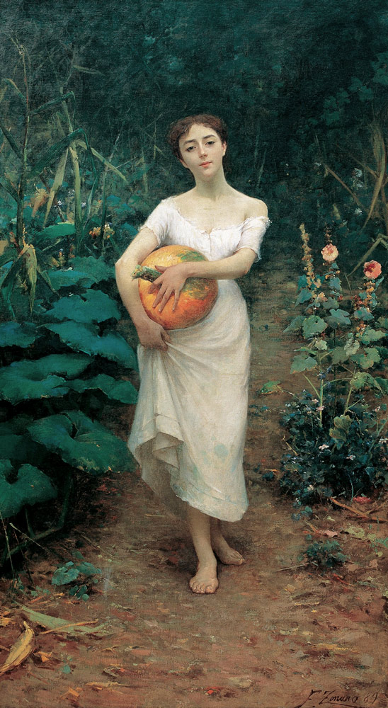 Young Girl Carrying a Pumpkin de Fausto Zonaro