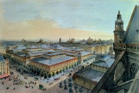 View of Les Halles in Paris taken from Saint Eustache upper gallery, c. 1870-80 (colour litho)