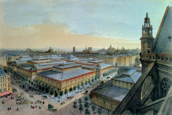 View of Les Halles in Paris taken from Saint Eustache upper gallery, c. 1870-80 (colour litho) de Felix Benoist