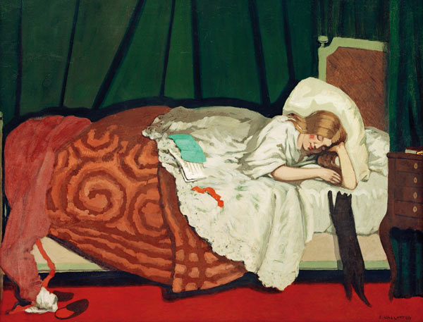 Woman in bed playing with a cat de Felix Vallotton