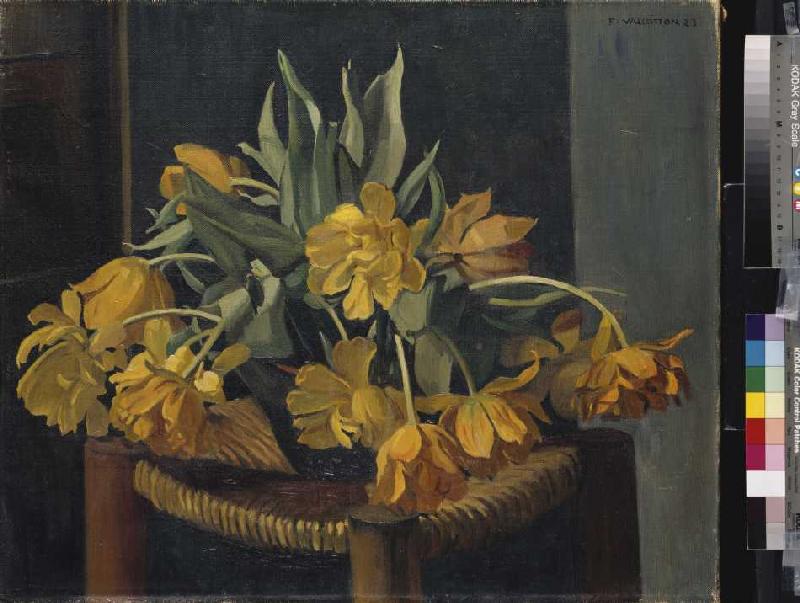 Gelbe Tulpen auf einem Korbstuhl de Felix Vallotton