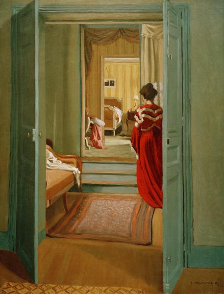 F.Vallotton / Interior with woman in red