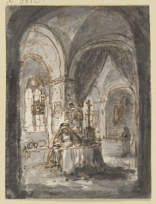 Eine Nonne sitzt in einer Kirche am Altar de Ferdinand Bol