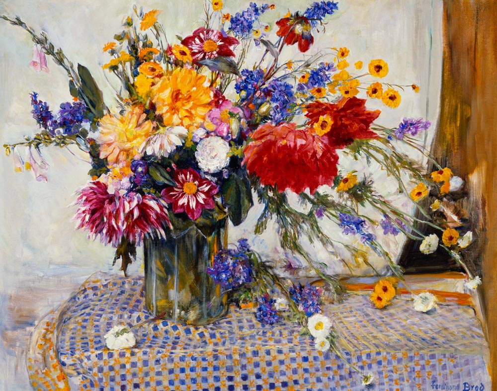 Rittersporn, Rosen, Pfingstrosen, Dahlien und andere Blumen in einer Vase. de Ferdinand Brod
