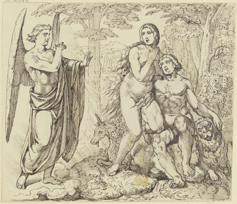 Ein Engel überbringt Adam und Eva Gottes Verbot, vom Baum der Erkenntnis des Guten und Bösen zu esse de Ferdinand Fellner