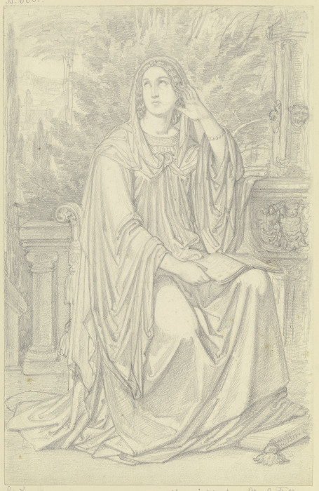 Eine Dame (Laura?) an einem Brunnen sitzend, mit Lektüre beschäftigt de Ferdinand Fellner