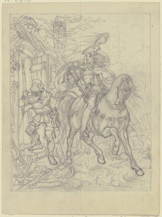 Ungedeutete Szene: Ein Ritter mit Armbrust an einer Hütte haltend, ein Knappe betritt diese de Ferdinand Fellner