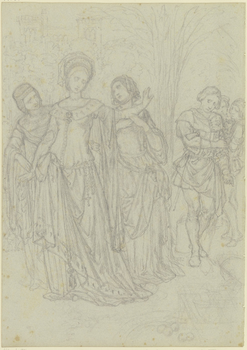 Ungedeutete Szene: Fürstin mit einem Rosenkranz am Gürtel, einen Jüngling abweisend de Ferdinand Fellner
