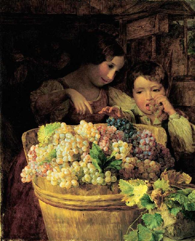 Two children at a vat filled with grapes de Ferdinand Georg Waldmüller