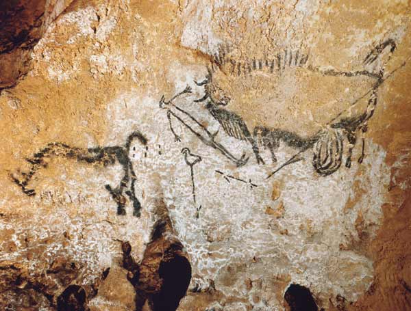 Höhle von Lascaux 17000 v. Chr. Gesamtansicht der 'Szene des Schachtes'. de Ferdinand Hodler