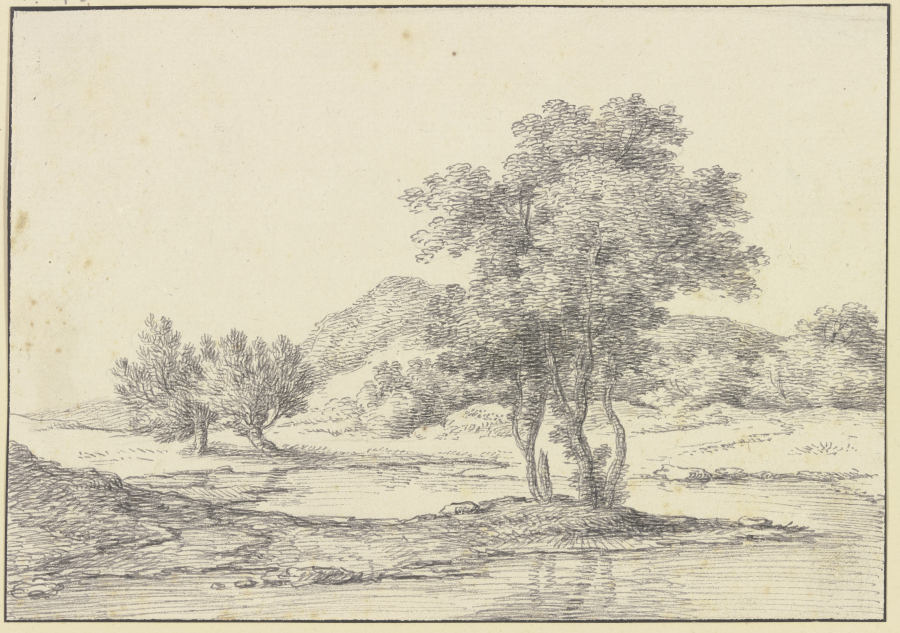 Baumgruppe am Wasser, links zwei Weidenbäume, im Hintergrund Berge de Ferdinand Kobell