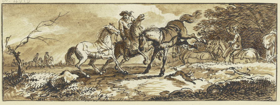 Reiter mit zwei Handpferden, eines schlägt aus, im Hintergrund ein Fuhrwerk und andere Reiter de Ferdinand Kobell