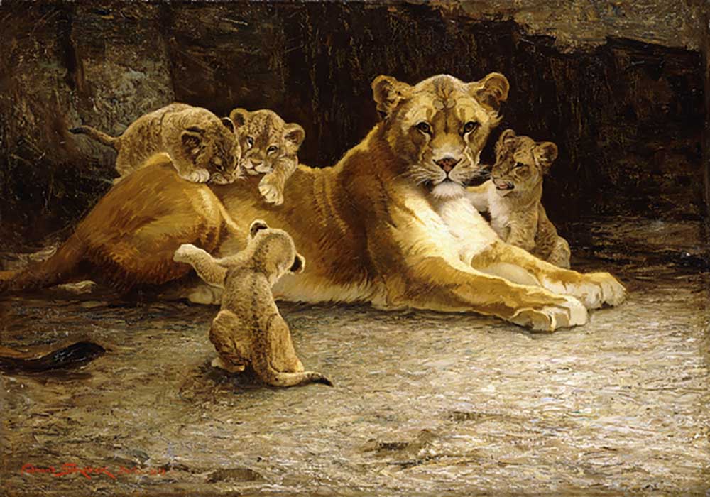 A Lioness with her Cubs, 1913 de Ferdinand Schebek