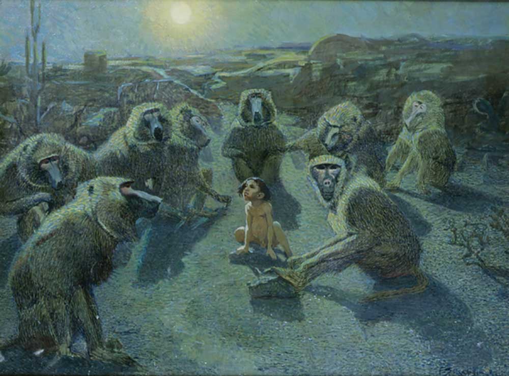 Mowgli Captured by Monkeys (oil & ink on canvas) de Ferdinand Schebek