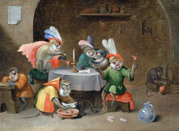 A Tavern Interior with Monkeys drinking and smoking de Ferdinand van Kessel