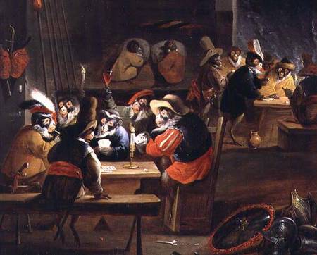 Monkeys in a Tavern, detail of the card game de Ferdinand van Kessel