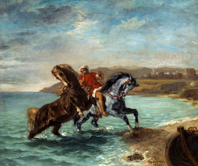 Dos caballos saliendo del mar de Ferdinand Victor Eugène Delacroix