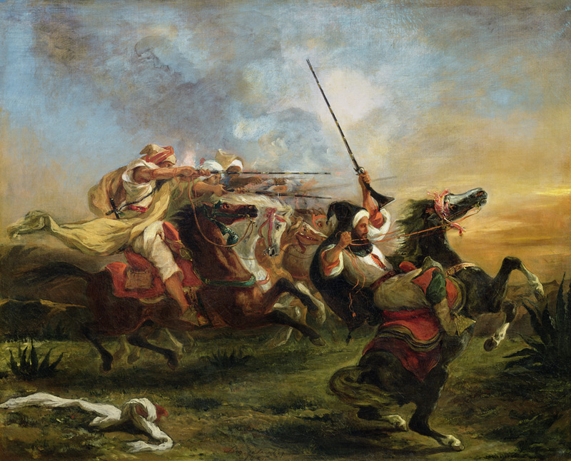 Moroccan horsemen in military action de Ferdinand Victor Eugène Delacroix