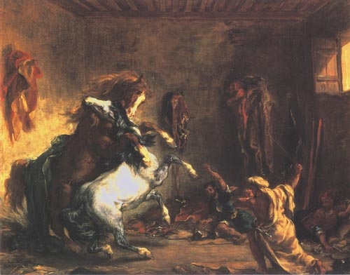 Fighting Arabian horses in a stable de Ferdinand Victor Eugène Delacroix