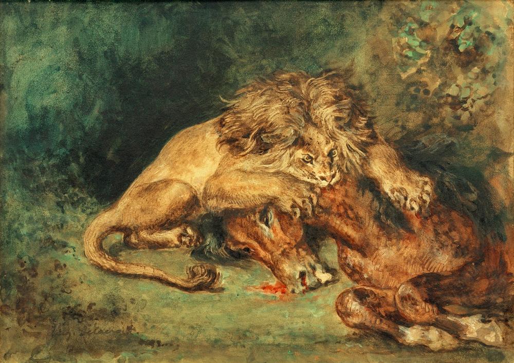 Löwe, ein Pferd reißend de Ferdinand Victor Eugène Delacroix