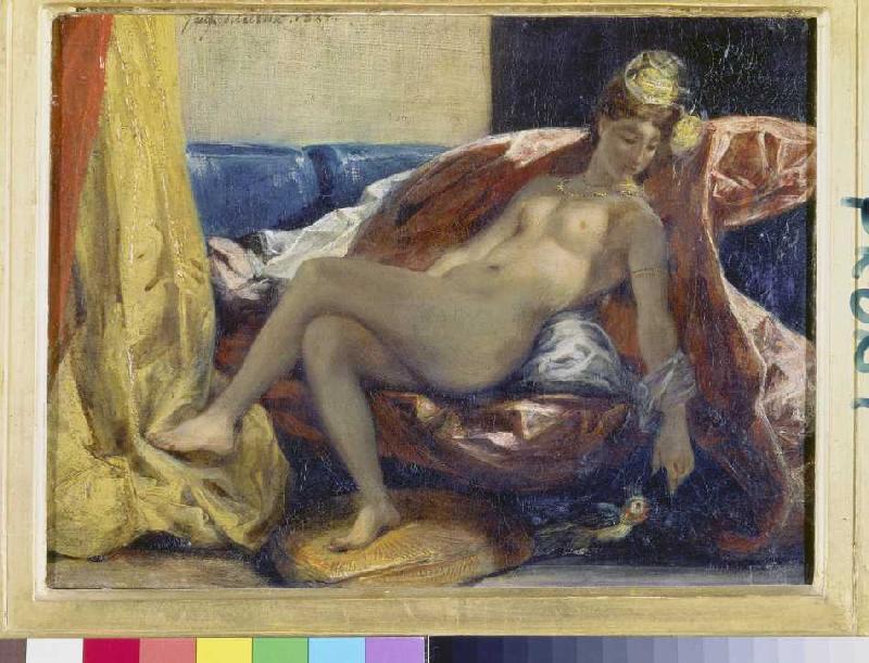 Naked woman, a parrot stroking. de Ferdinand Victor Eugène Delacroix