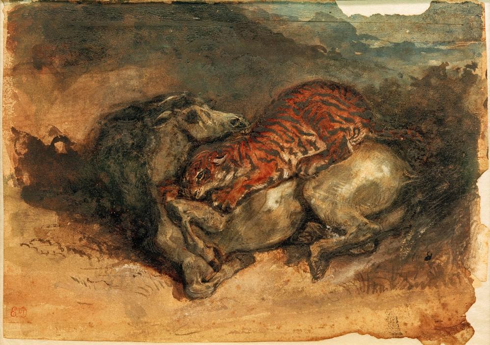 Tiger, ein Pferd anfallend de Ferdinand Victor Eugène Delacroix
