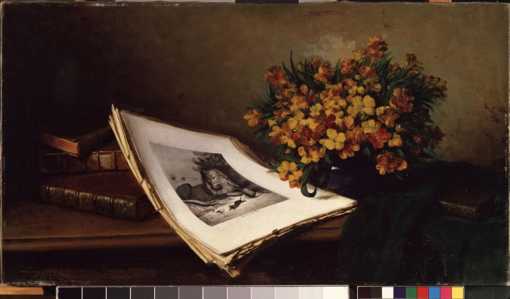 Still life with a lithograph de Ferdinand Wagner