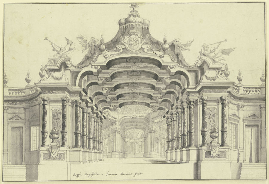 Eine große Halle mit einem Baldachin überbaut, unter welchem ein Wappen zu sehen ist, rechts und lin de Ferdinando Bibièna