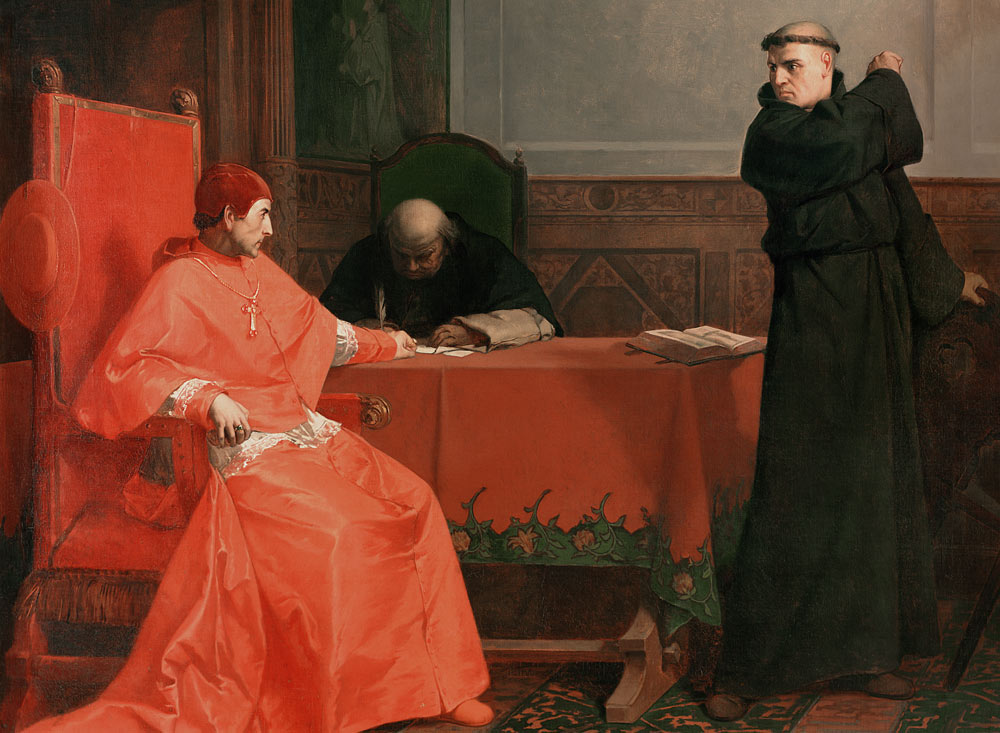 Luther in front of Cardinal Cajetan during the controversy of his 95 Theses de Ferdinand Wilhelm Pauwels