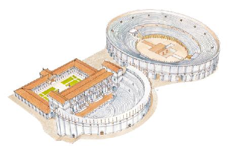 Roman theatre and amphitheatre. Reconstruction. Merida, Spain