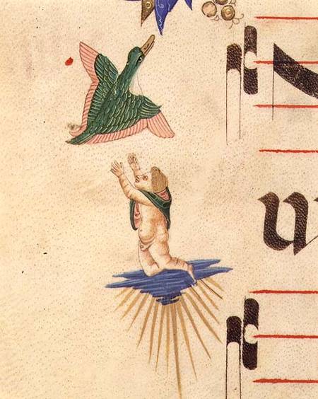 Missal 515 f.13v A cloaked cherub trying to catch a flying bird, from a decorative border de Filippo di Matteo Torelli