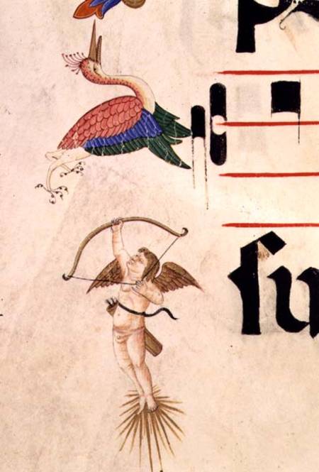 Missal 515 f.5r A Cherub shooting a stork with a bow and invisible arrow de Filippo di Matteo Torelli