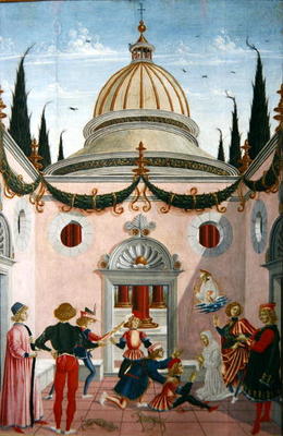 St. Bernardino of Siena (1380-1444) saving a young man hit on the head with a shovel, 1473 (oil on p de Fiorenzo di Lorenzo