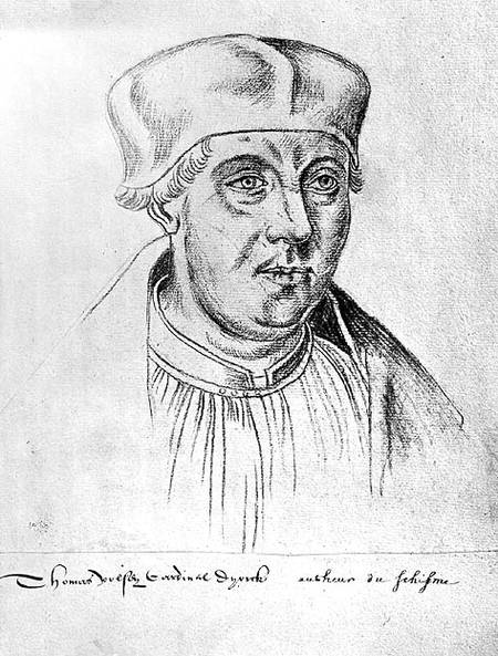 Ms 266 f.257 Portrait of Thomas Wolsey, cardinal of York, from the Recueil d'Arras, sketch from a po de Flemish School