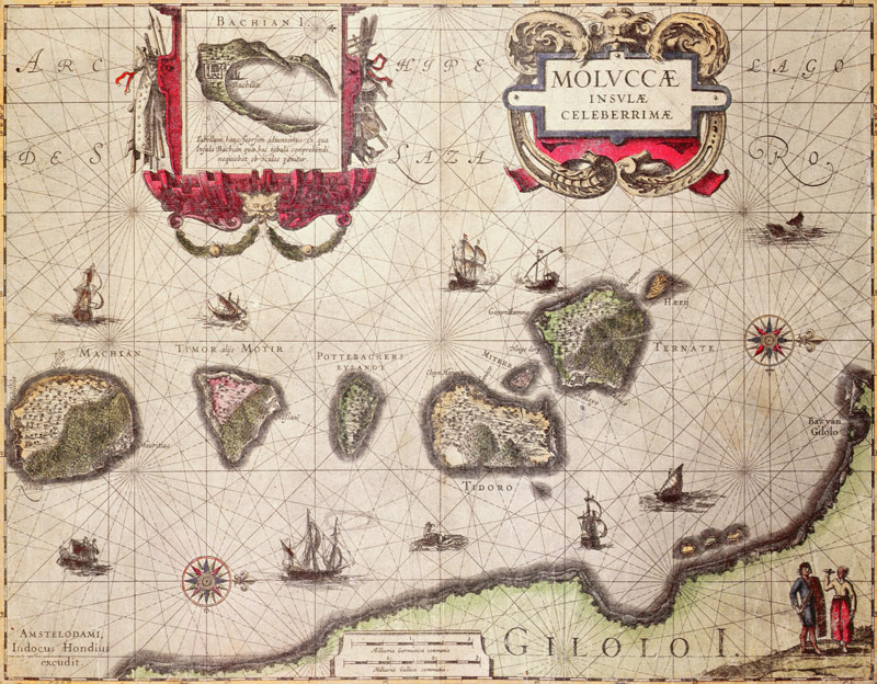 Map of The Moluccan Island; engraved by Jodocus Hondius (colour engraving) de Flemish School