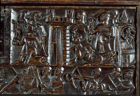 The Courtrai Chest depicting Flemish foot soldiers defeating French cavalry  (detail) de Flemish School