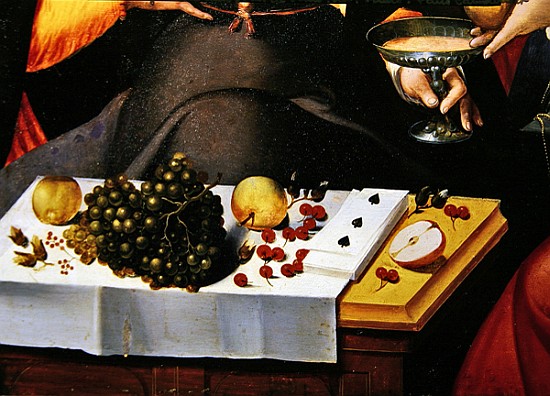 Scene Galante at the Gates of Paris, detail of fruits, playing cards and a goblet (detail of 216104) de Flemish School