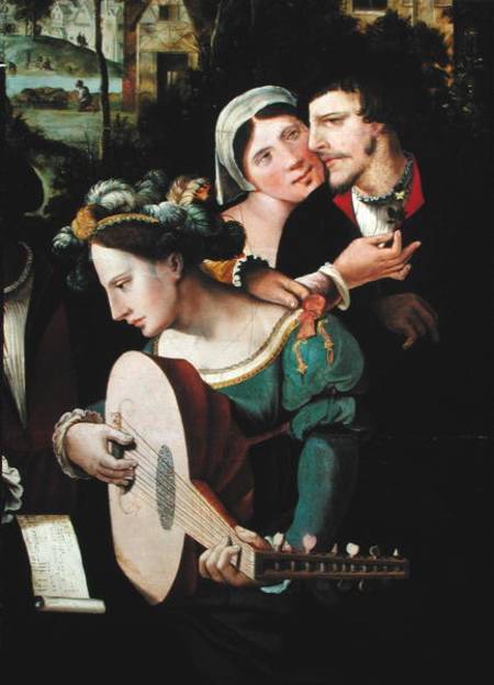 Scene Galante at the Gates of Paris, detail of a couple and a lute player de Flemish School