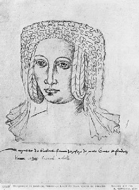 Ms 266 fol.55 Marguerite de Brabant, wife of Louis II of Flanders, also Louis III of Artois and Loui