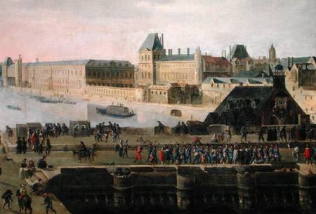 View of the Pont-Neuf and the River Seine looking downstream, detail of the bridge and the Louvre de Flemish School