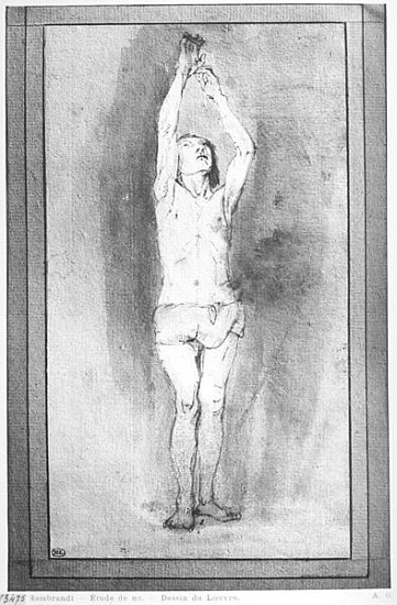Young boy with a loincloth, both hands hanged on a small bar (pen, brown ink & wash on paper) de (follower of) Rembrandt Harmensz. van Rijn