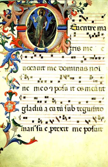 Ms 558 f.55v Page of choral notation with an historiated initial 'O' depicting St. John the Baptist, de Fra Beato Angelico