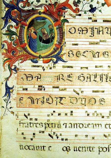 Ms 558 f.9r Historiated initial 'O' depicting the Calling of St. Peter and St. Andrew with musical n de Fra Beato Angelico