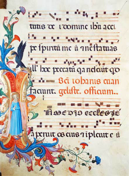 Ms 558 f.13v Historiated initial 'I' depicting St. John the Evangelist, with page of musical notatio de Fra Beato Angelico