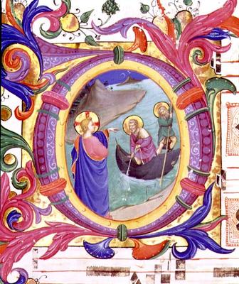 Missal 558 f.9r Historiated initial 'O' depicting the Miraculous Draught of Fishes (detail of 88928) de Fra Beato Angelico