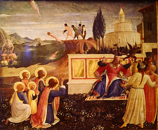 Saints Cosmas and Damian are thrown into the sea; demons escape from the mouth of the proconsul Lysi de Fra Beato Angelico