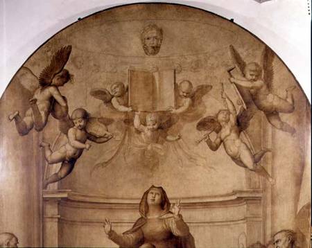The Great Council Altarpiece, detail depicting musical angels holding aloft a book de Fra Bartolommeo