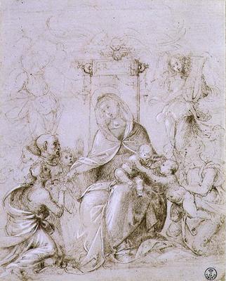 Madonna and Child enthroned with St. John the Baptist presented by an angel and St. Monica (pen and de Fra Bartolommeo