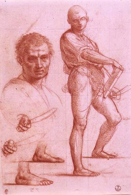 Study of a male holding a sword and a book, the sword and feet rehearsed twice, and a male head de Fra Bartolommeo
