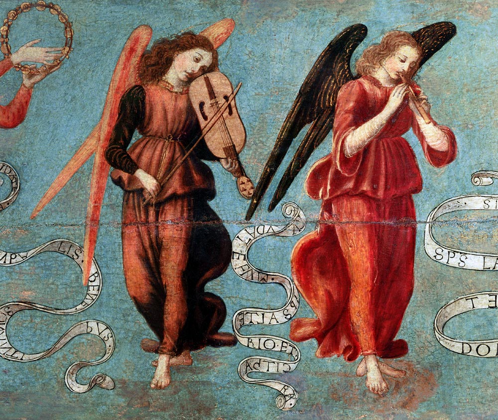 Angels playing the fiddle and pipe de Francesco Botticini